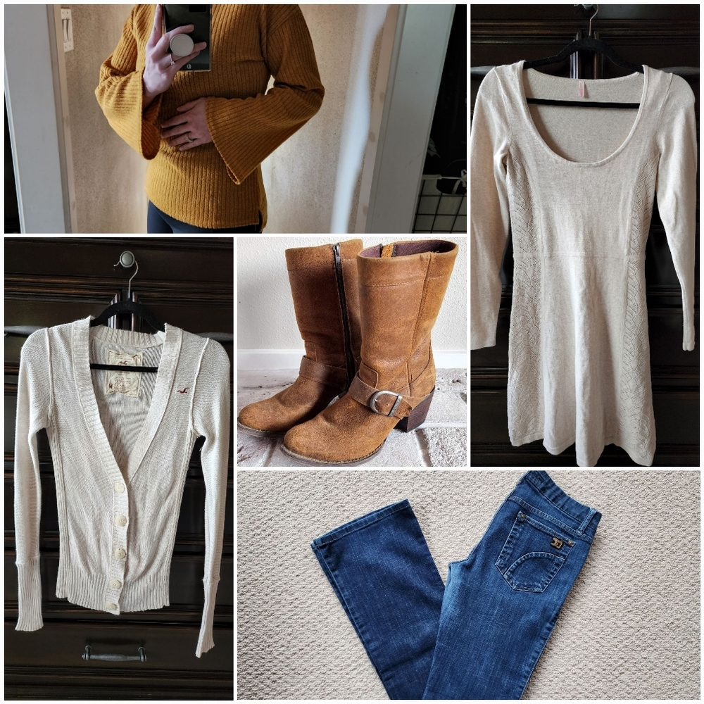 Small Fall Wardrobe Sweater Dress Cardigan Durango Boots Joe's Jeans